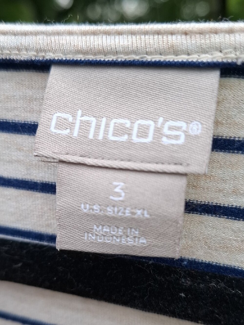 Chico's Navy/Wheat Striped Side-Tie 3/4 Sleeve Top Sz XL - Picture 2 of 9